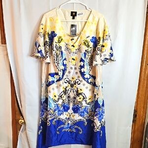 (0053) JM Collection Floral Blue and Yellow Women's Dress